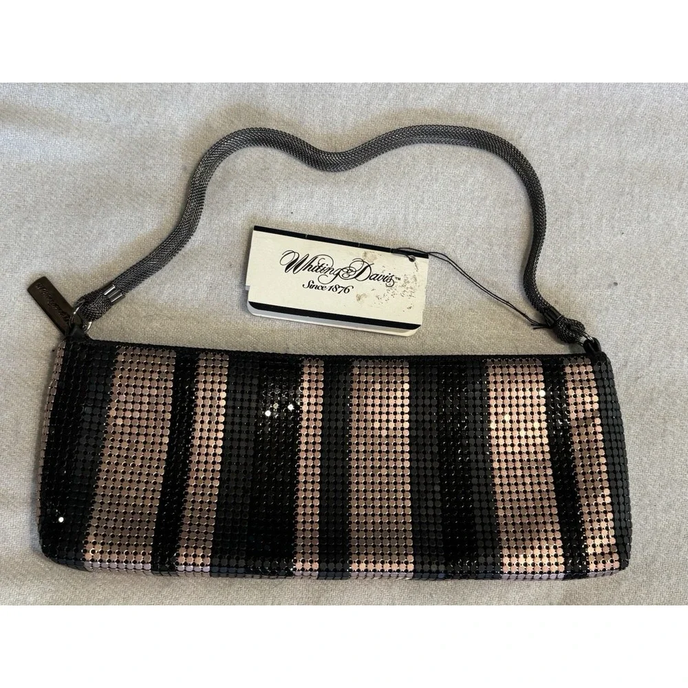 Vintage Whiting & Davis NWT Striped Mesh Clutch Writlet Blk/Pink Zip Logo Lined